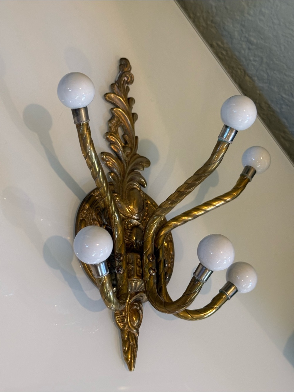 Vintage Brass Wall Hook Rack with White Ceramic Knobs - Picture 10 of 10